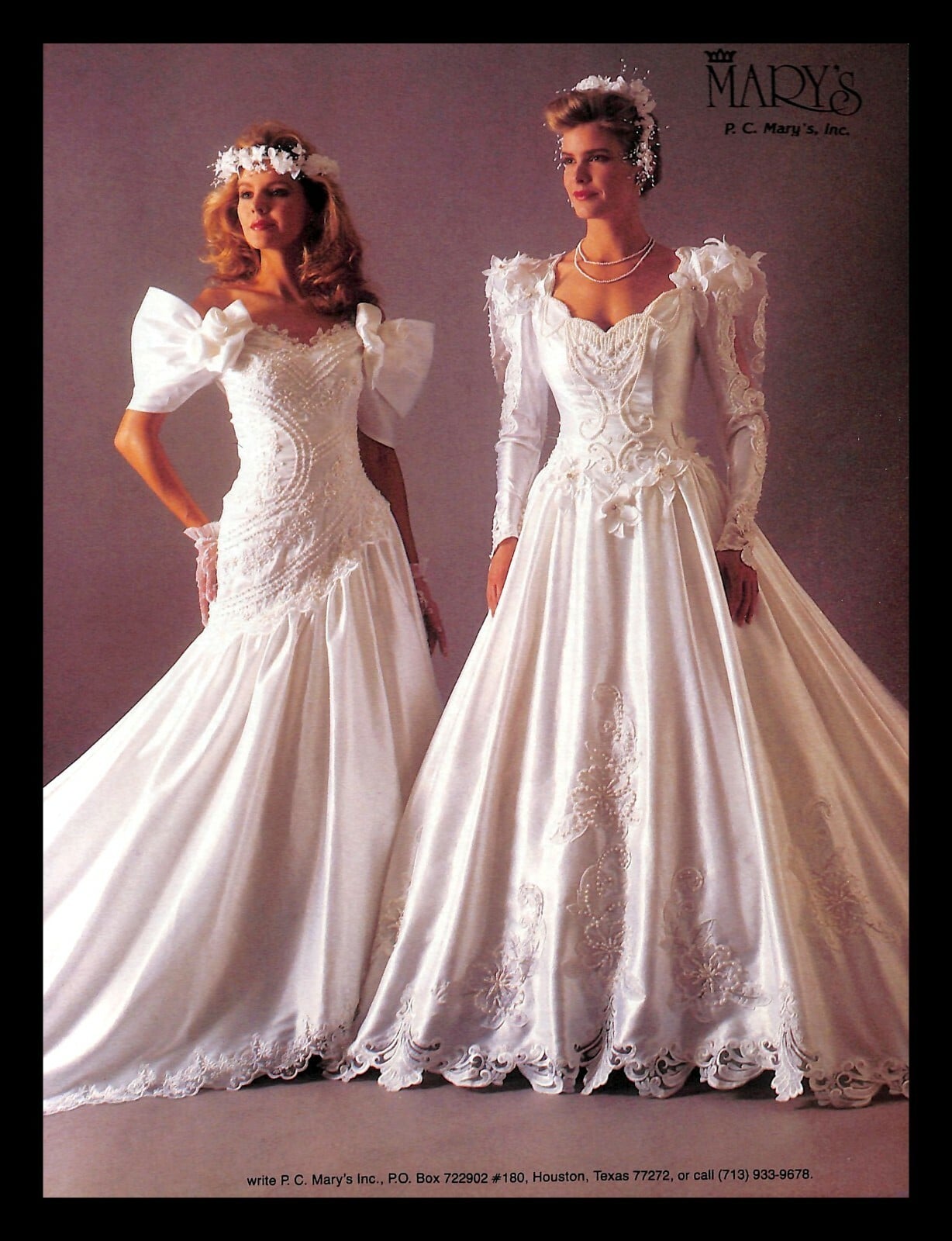 1988 P.C. Mary's bridal advertisement: two brides in shiny satin drop-waist wedding dresses with huge puffed sleeves and beaded bodices