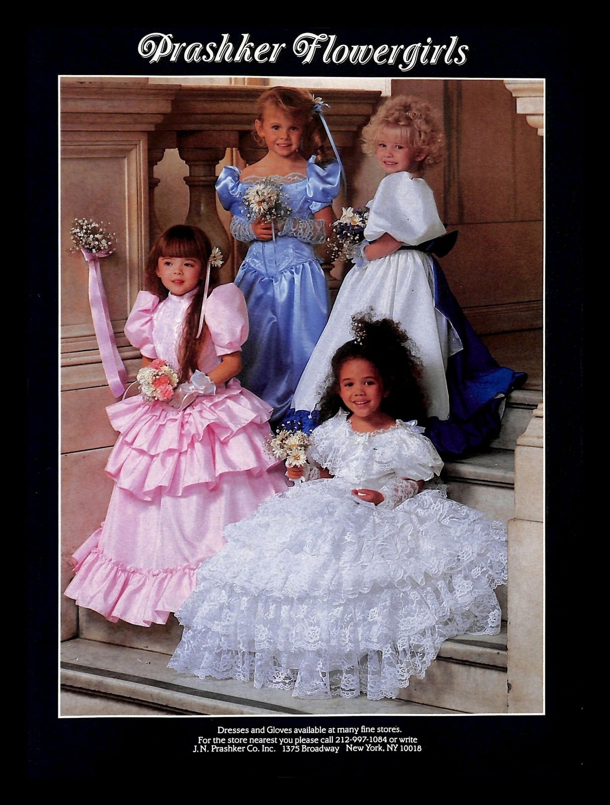 1988 Prashker Flowergirls advertisement: three flower girls in ruffled pink, blue, and white dresses with gloves and baskets