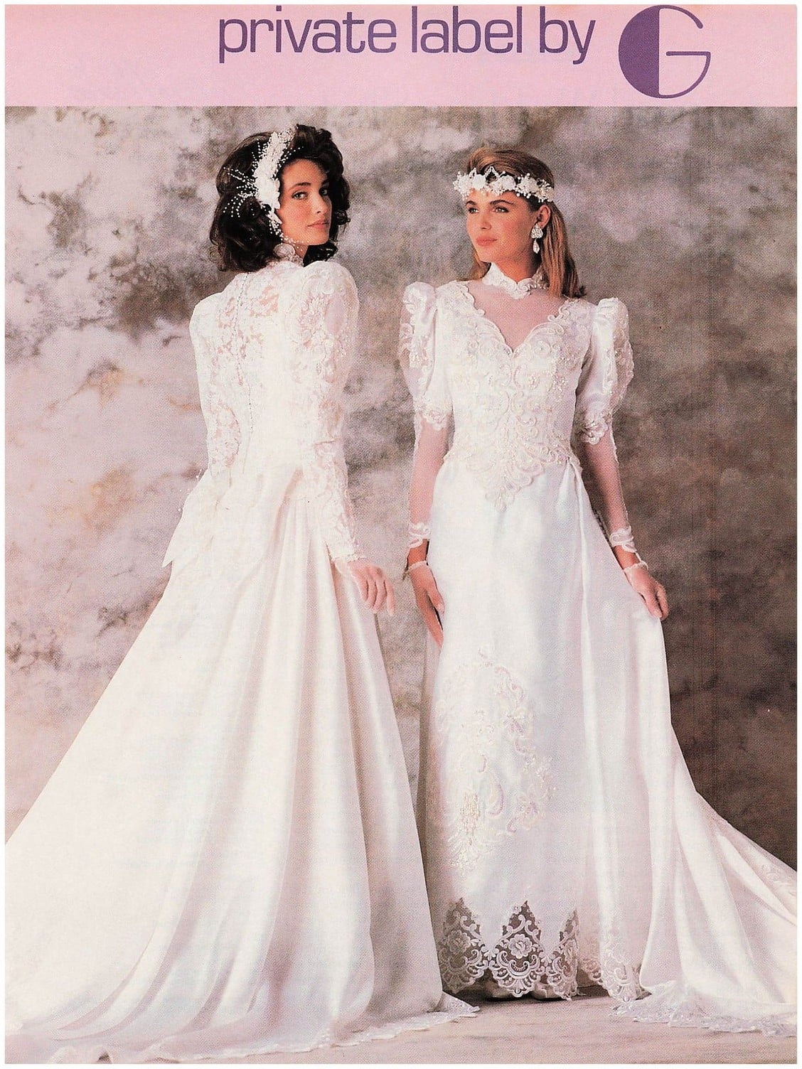 1987 Private Label by G advertisement: two brides in drop-waist wedding gowns with puffed sleeves and lace bodices in front of a marbled backdrop