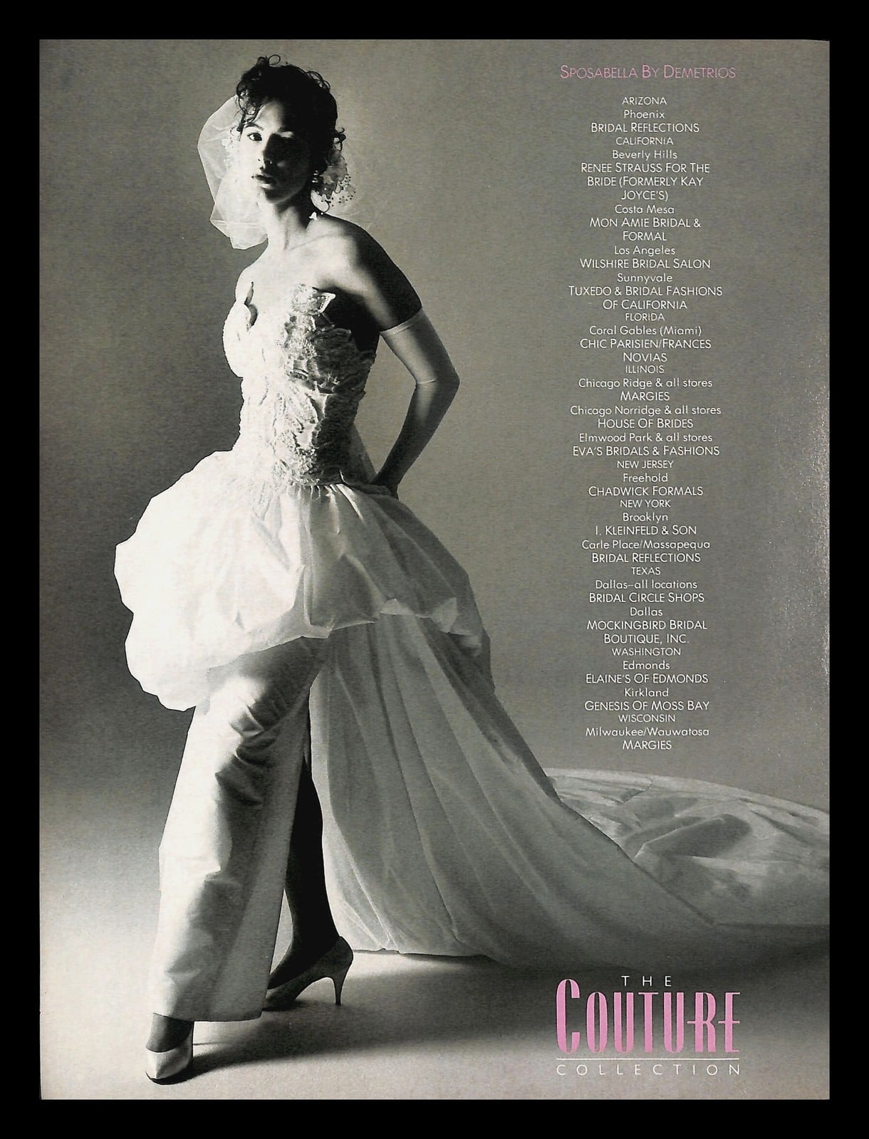 1988 Demetrios Sposabella advertisement in black and white: strapless wedding gown with a bubble pouf overskirt and long train