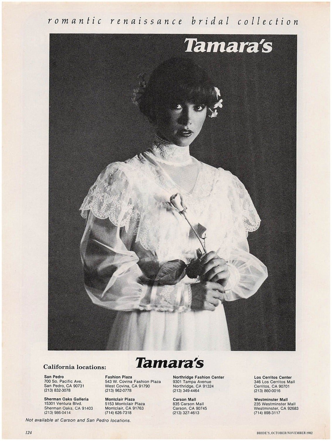 1982 Tamara's Romantic Renaissance Bridal Collection advertisement in black and white: bride in a high-collar tiered lace wedding dress holding a rose