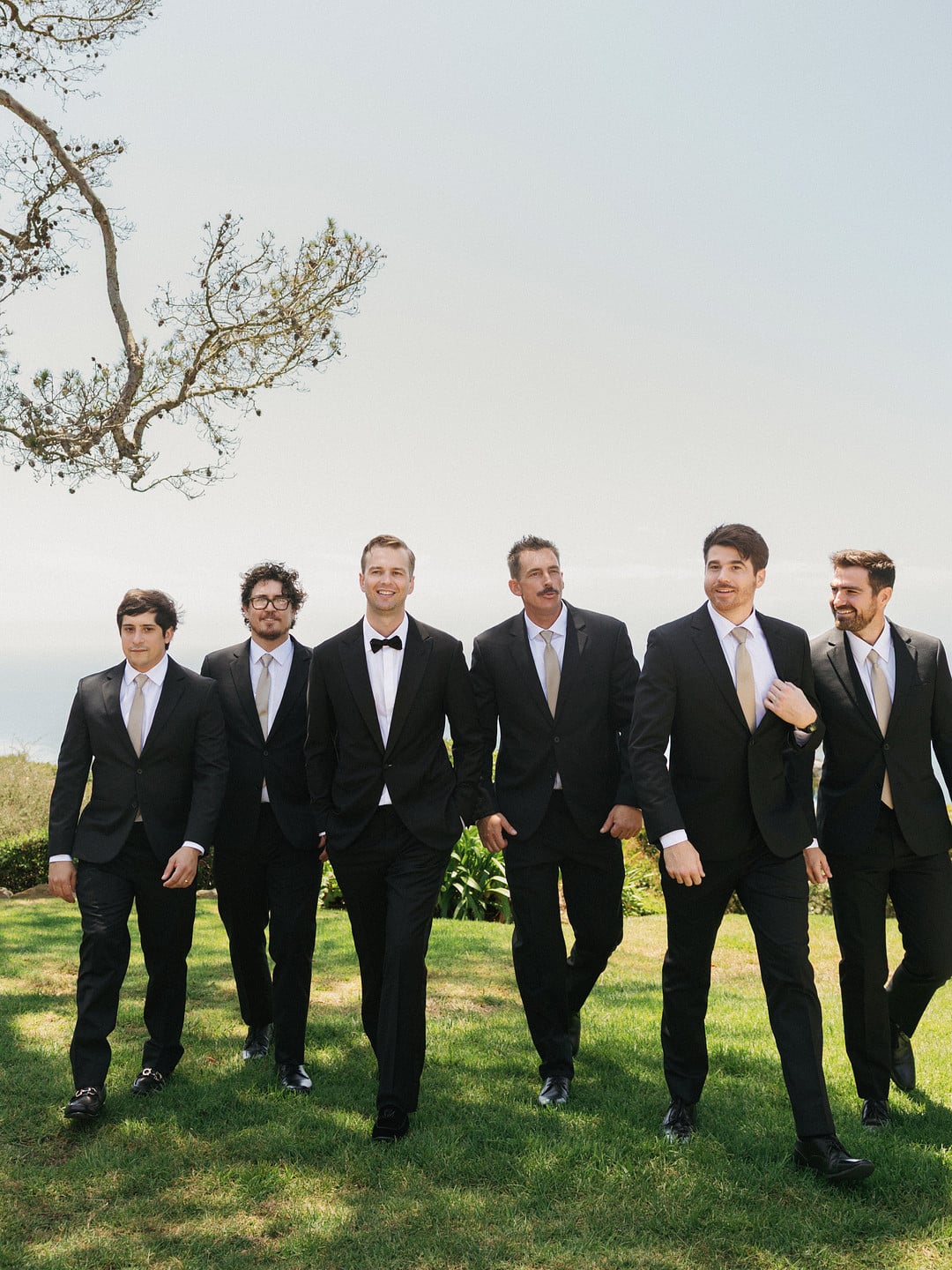 Avery's groomsmen walking together on the lawn in black suits