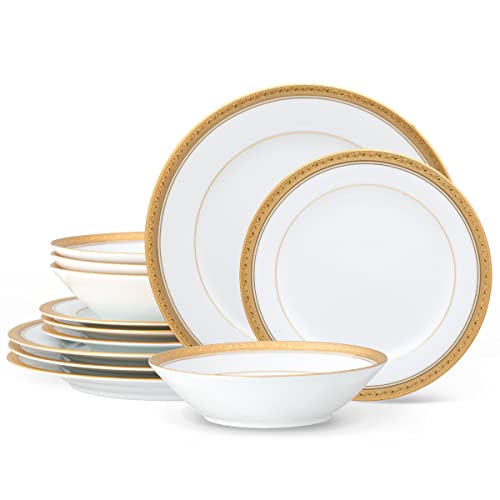 Noritake Crestwood Gold 12-piece china set with gold-rimmed plates and bowls