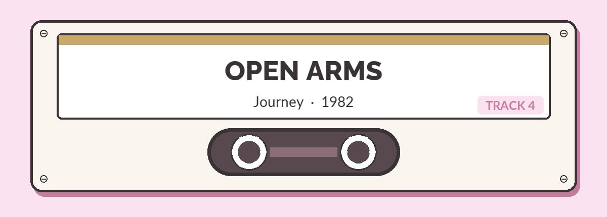 Illustrated cassette tape labeled Open Arms by Journey, 1982, Track 4