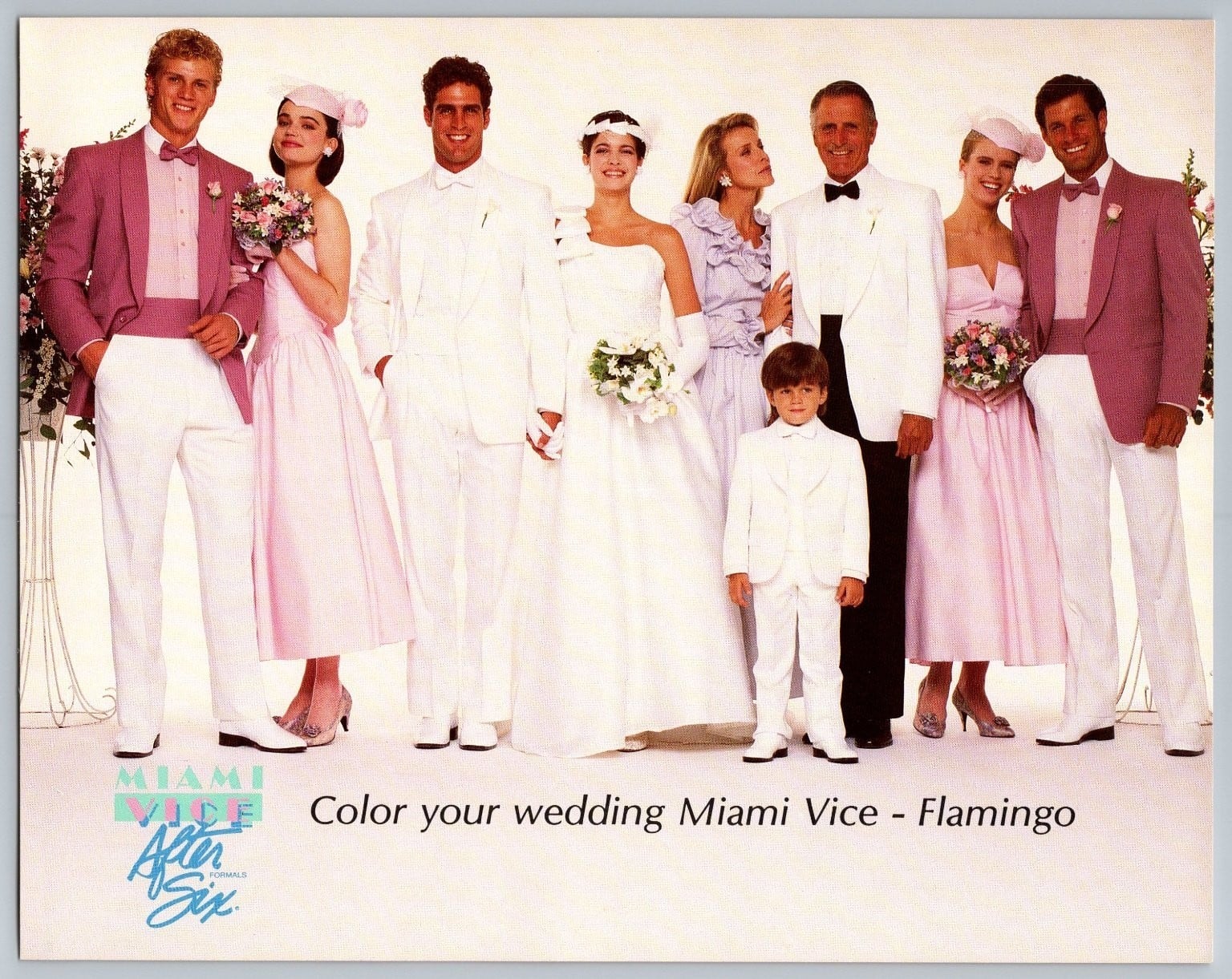1980s After Six Miami Vice Flamingo formalwear advertisement: groomsmen in pink tuxedos with a bride and bridesmaids in pink