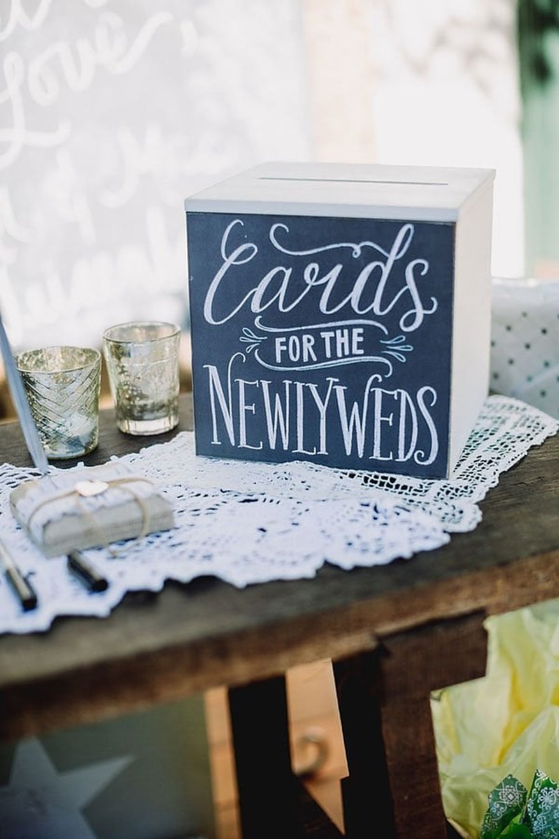 A chalkboard-style card box reading Cards for the Newlyweds on a lace-covered table