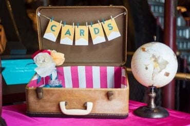A vintage suitcase card box with a CARDS banner and a globe on a wedding reception table