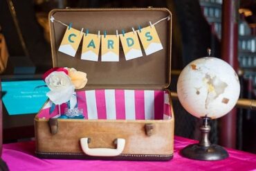 A vintage suitcase card box with a CARDS banner and a globe on a wedding reception table