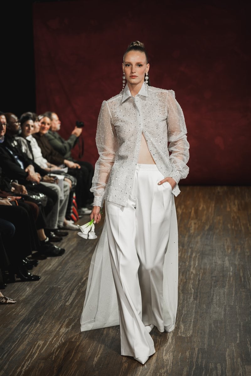 Bi Pham Look 3, ivory wool pants with a hand-beaded tulle shirt and tulle train