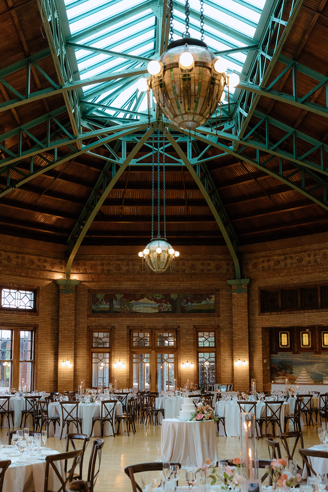 Café Brauer Great Hall ceiling, chandelier and wedding tables