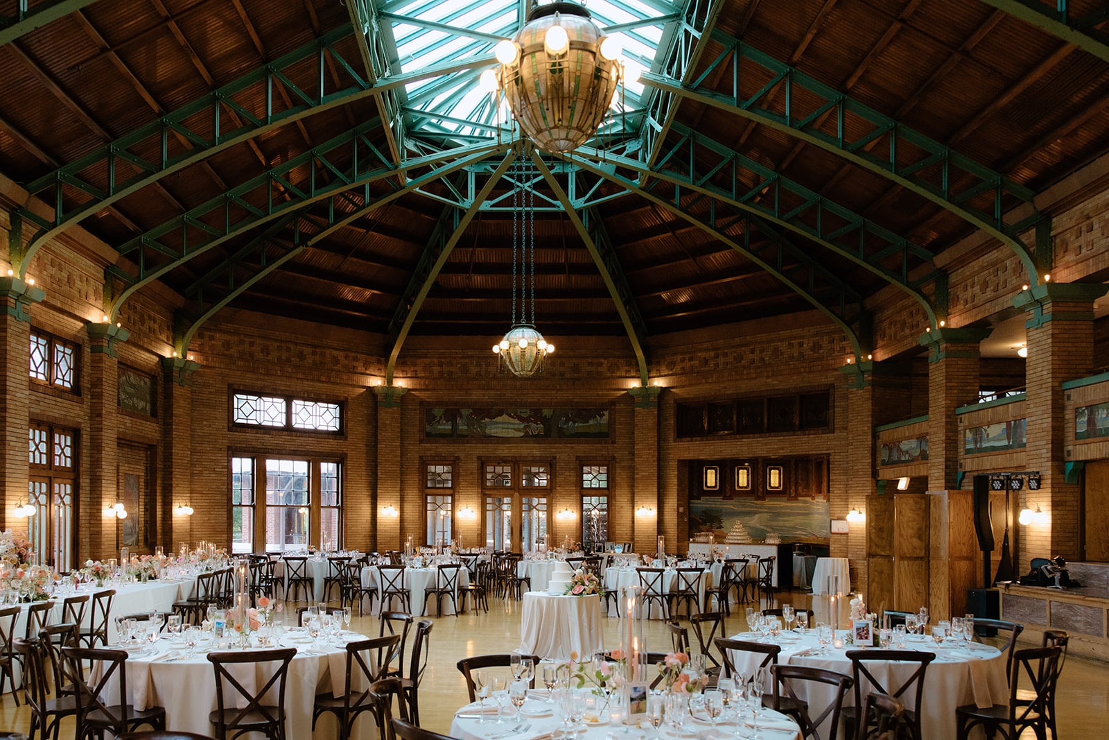 Café Brauer Great Hall set for a wedding reception under the skylit roof