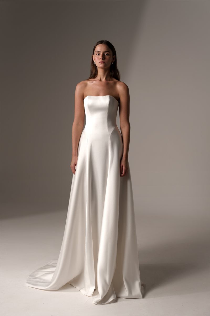 Dreams by Lihi Hod Alma, a plain strapless silk satin A-line gown with a straight neckline