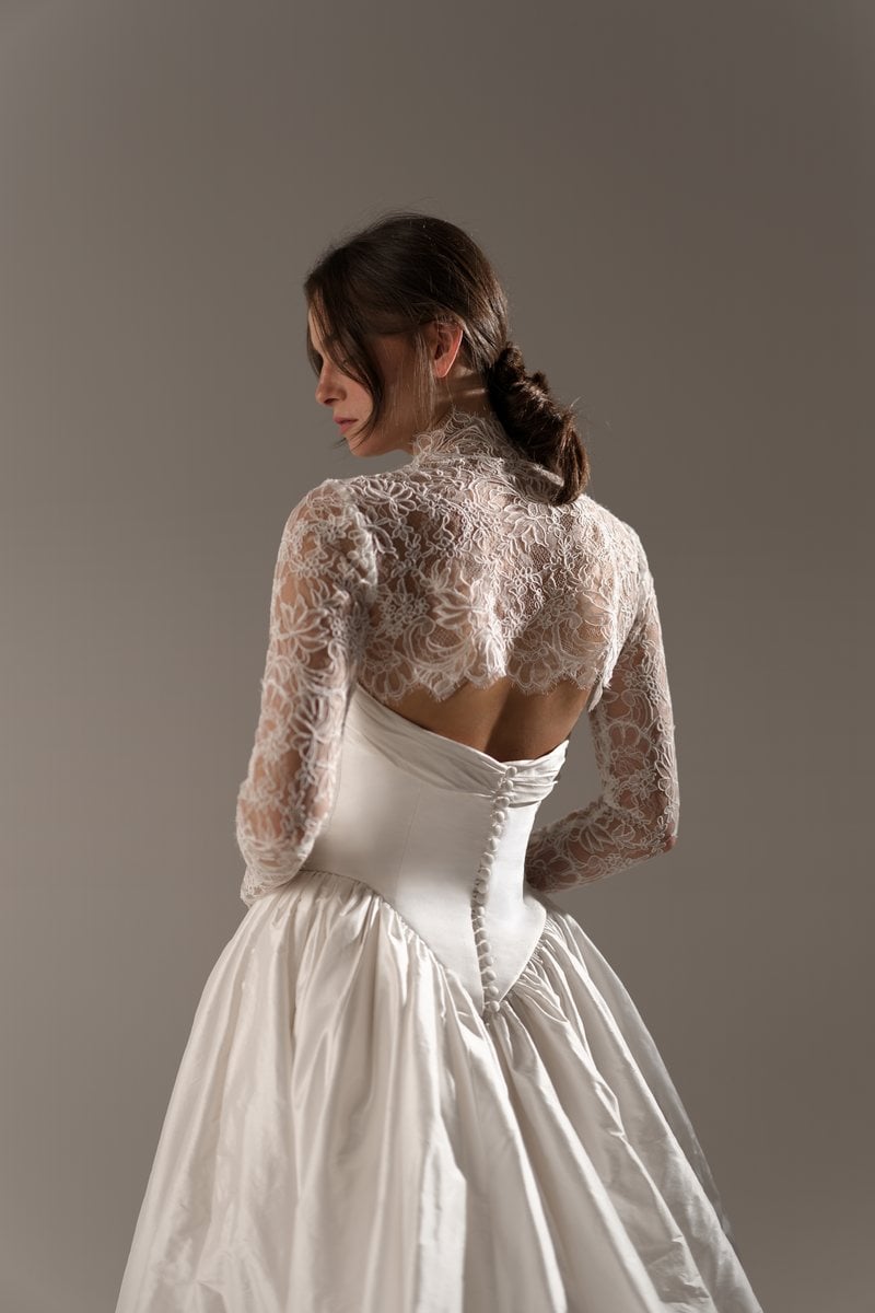 Dreams by Lihi Hod Nelly shown with its detachable high-neck lace topper, from the back