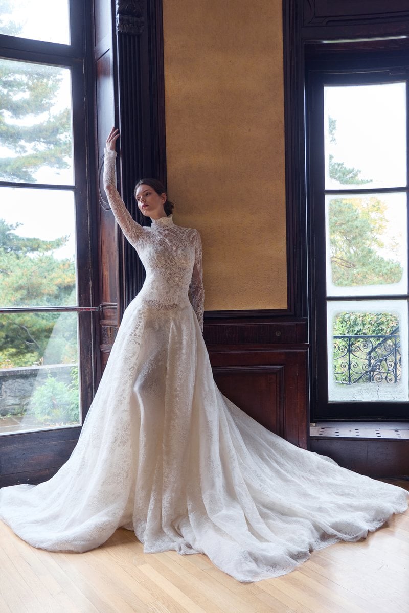 Nardos Look 6, a two-piece French lace gown with a high neck, long sleeves and a drop waist