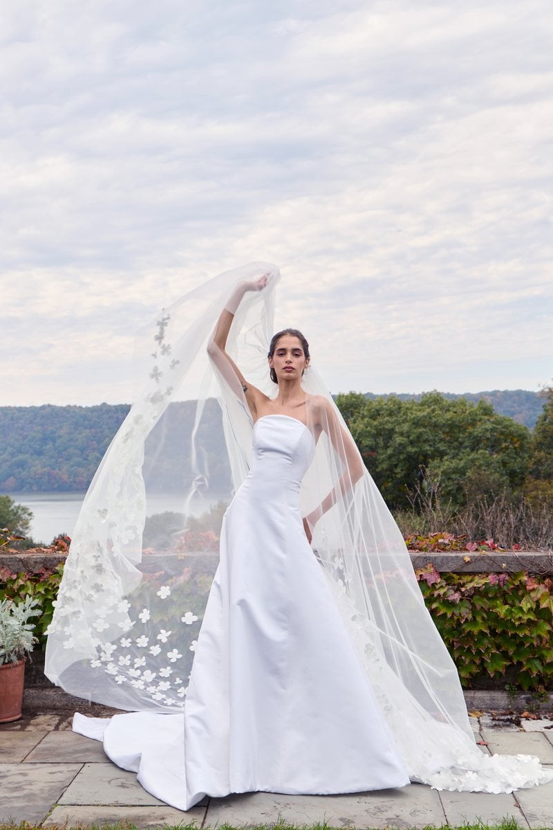 Nardos Look 8, a strapless silk faille gown with a floral-appliqué veil