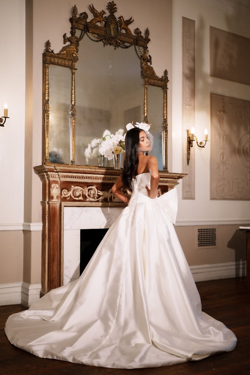 Soul Mates Bridal strapless satin ballgown with a long train, from The Three Graces collection
