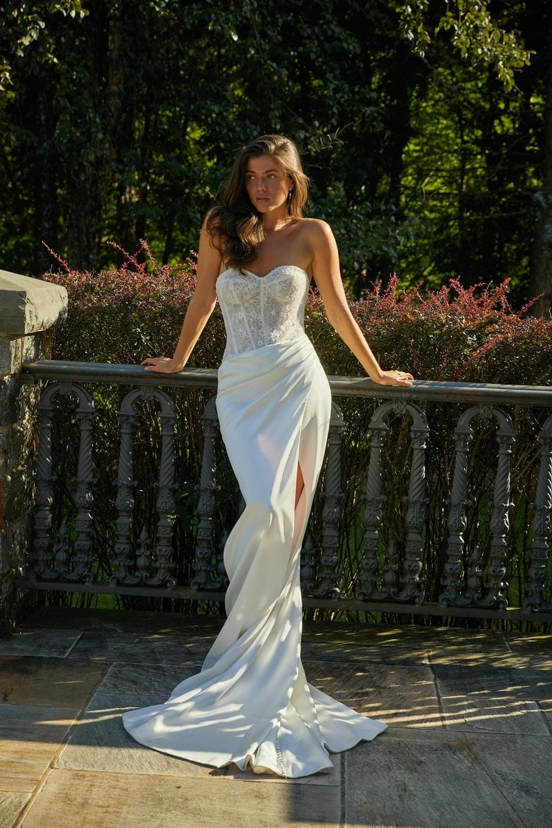 Verdin New York Penelope, a fitted satin gown with a thigh-high slit